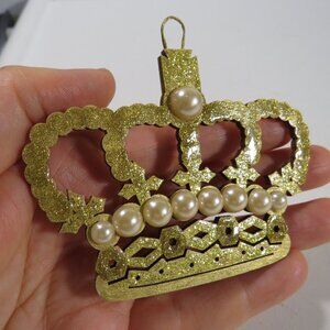 Gold & Pearl Crown Laser Cut Wooden Ornament Hangs King Queen